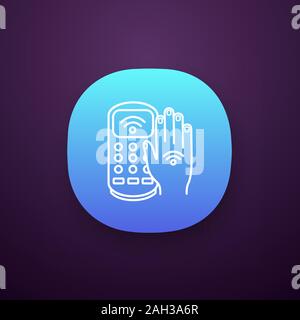 Terminal de paiement NFC icône de l'application. Paiement avec autocollant NFC. Terminal de Point de vente et la main avec étiquette RFID. UI/UX interface utilisateur. E-paiement. Mobile ou Web applicati Illustration de Vecteur