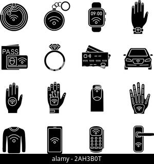 La technologie NFC glyphe icons set. La communication en champ proche. Tag RFID et NFC, autocollant, phone, bibelots, anneau, implant. La technologie sans contact. Silhouette Illustration de Vecteur