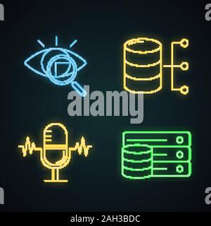 L'apprentissage machine neon light icons set. Scan de la rétine, base de données relationnelle, reconnaissance vocale, serveur. Les panneaux lumineux. Vector illustrations isolées Illustration de Vecteur