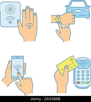 La technologie NFC color icons set. Smartphone en champ proche et en voiture, terminal de paiement, bracelet, reader. Illustrations vectorielles Illustration de Vecteur