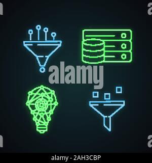 L'apprentissage machine neon light icons set. Le filtrage des données, base de données, processus d'innovation, de collecte de statistiques. Les panneaux lumineux. Vector illustrations isolées Illustration de Vecteur