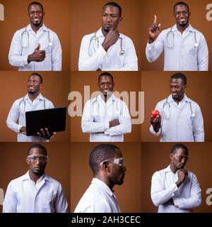 Collage, studio shot of African man contre fond brun Banque D'Images