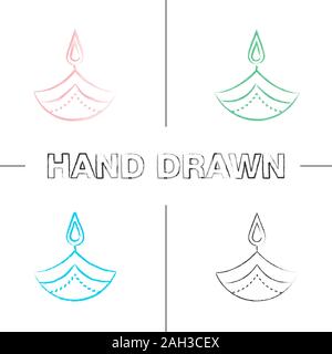 Diya hand drawn icons set. Lampe à huile islamique. Le Diwali. Festival des lumières. Bol de gravure lampe à huile. Coup de pinceau de couleur. Illustrati vectorielles sketchy Illustration de Vecteur