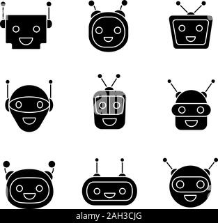 Glyphe Chatbots icons set. Symboles de Silhouette. Émoticônes robots modernes. Riant, heureux chat bot smileys. Les assistants virtuels. Vector illustration isolé Illustration de Vecteur