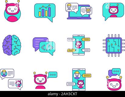 Chatbot icônes couleur définie. Chat bots. Talkbots. Les assistants virtuels. Support, chat, code, messenger bots. Aides en ligne. Illustrations vectorielles Illustration de Vecteur