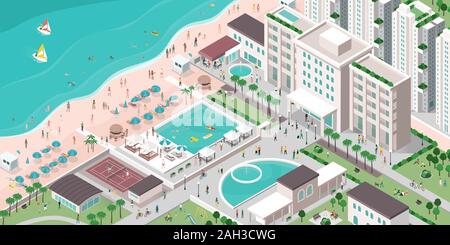 Hôtel de luxe resort avec les personnes, les bâtiments et la plage, vector illustration isométrique, voyages et tourisme concept Illustration de Vecteur