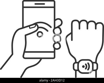 Bracelet NFC smartphone connecté à l'icône de linéaire. Fine ligne illustration. Téléphone NFC synchronisé avec smartwatch. Bracelet RFID. Symbole de contour. Vect Illustration de Vecteur