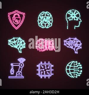 L'intelligence artificielle neon light icons set. Neurotechnologie. La cybersécurité, ai, cerveau numérique, réseau de neurones, big data, internet, robot ito de fines Illustration de Vecteur