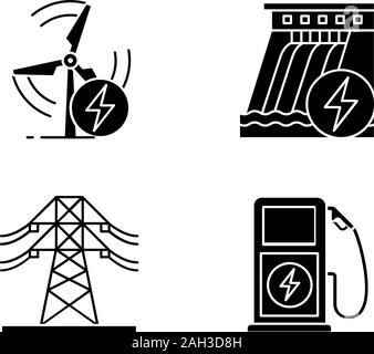 Le domaine électrique glyphe icons set. La ligne électrique à haute tension, l'énergie éolienne et l'énergie de l'eau, la station de recharge de véhicules électriques. Symboles de Silhouette. Vec Illustration de Vecteur