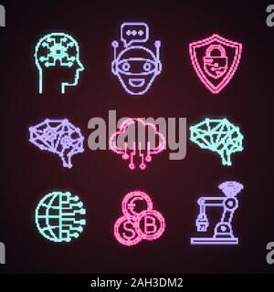 L'intelligence artificielle neon light icons set. L'IA. Chat bot, la cybersécurité, la neurotechnologie, big data, internet des objets, cerveau numérique, service exch Illustration de Vecteur