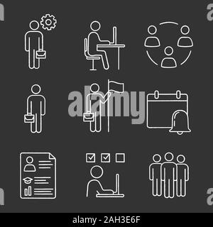 La gestion des affaires de la craie icons set. Gestionnaire, Bureau, de partenariat, d'affaires, la réalisation de but, rappel, reprendre, tâche de problèmes, l'équipe. Vecteur isolé Illustration de Vecteur