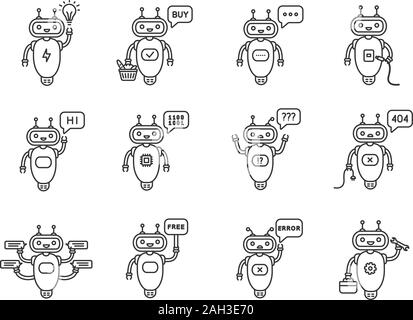 Linéaire Chatbots icons set. Les assistants virtuels. Talkbots. Chat, erreur, achetez, gratuitement, la réparation, l'idée des robots. Des robots modernes. Fine ligne contour des symboles. Isolé Illustration de Vecteur