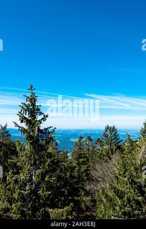 Vue depuis le sommet d'une montagne dans la vallée de nuages dans le ciel bleu et de beaux arbres verts et beaucoup de roches Banque D'Images