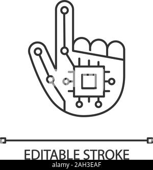Main robotique icône linéaire. Implant RFID ou NFC. Fine ligne illustration. Côté numérique. Micro-puce. Symbole de contour. Vector isolated contours drawin Illustration de Vecteur