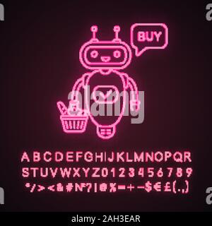 Client en ligne chatbot neon light icône. Talkbot avec panier de provisions dit acheter. Robot moderne. Assistant d'achat virtuel. Signe rougeoyant avec alphabet, n Illustration de Vecteur