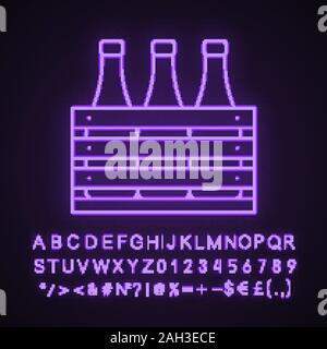 Cas de la bière neon light icône. Bouteilles de vin ou de champagne dans des caisses en bois. Les bouteilles de lait en boîte en bois. Signe rougeoyant avec alphabet, chiffres et symboles. Vec Illustration de Vecteur