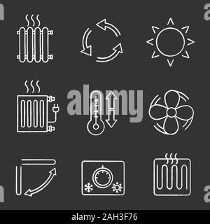 Chalk climatisation icons set. Radiateurs, ventilation, soleil, climatisation réglable, ventilateur d'échappement, revitalisant louvre, thermostat, élément de chauffage. Isolé Illustration de Vecteur