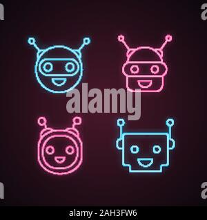 Chatbots neon light icons set. Talkbots. Rire les assistants virtuels collection. Les agents conversationnels. Des robots modernes. Les panneaux lumineux. Vector isolated Illustration de Vecteur