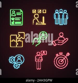 La gestion d'affaires neon light icons set. Reprendre la tâche, des problèmes, l'équipe, solution, bouton d'embauche du personnel, l'objectif smart, interview en ligne, travail en équipe, personne dans Illustration de Vecteur