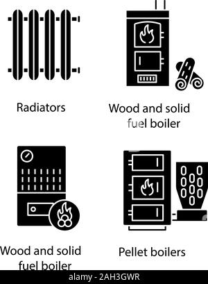 Glyphe de chauffage icons set. Bois de chauffage, radiateur et chaudière à granulé, chaudière à combustible solide. Symboles de Silhouette. Vector illustration isolé Illustration de Vecteur