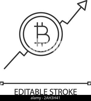 Courbe de croissance du marché des bitcoins icône linéaire. La hausse des prix Cryptocurrency. Symbole de contour. Diagramme des statistiques avec signe bitcoin. Fine ligne illustration. V Illustration de Vecteur