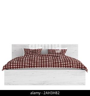 Un grand lit double avec une couverture et des oreillers à carreaux sur fond blanc. Le rendu 3D Banque D'Images