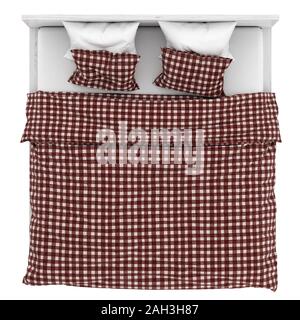 Un grand lit double avec une couverture et des oreillers à carreaux sur fond blanc. Le rendu 3D Banque D'Images