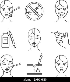 Procédures cosmétiques injection neurotoxine icons set linéaire. Rajeunissement facial. Anti rides les procédures. L'injection, une neurotoxine. Fine ligne contour symbo Illustration de Vecteur