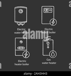 Chalk chauffage icons set. Système de chauffage central. Chauffe-eau électriques et à gaz et des chaudières de chauffage. Illustrations vectorielles chalkboard Illustration de Vecteur