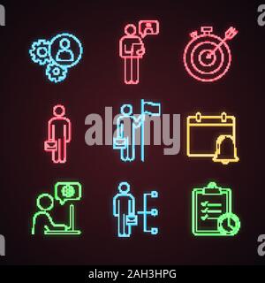 La gestion d'affaires neon light icons set. Gestionnaire, Bureau, de partenariat, d'affaires, la réalisation de but, rappel, reprendre, tâche de problèmes, l'équipe. Sig rougeoyant Illustration de Vecteur