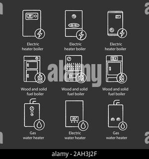 Chalk chauffage icons set. Le gaz naturel, l'électricité, les combustibles solides, chaudières et chauffe-eau. Commercial, industriel et domestique les systèmes de chauffage central. Ve isolés Illustration de Vecteur