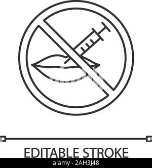 Interdiction d'injection lèvres neurotoxine icône linéaire. Arrêter l'augmentation des lèvres. Fine ligne illustration. L'intérieur d'injection signe interdit symbole contour. Vec Illustration de Vecteur