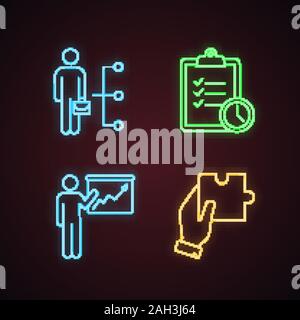 La gestion d'affaires neon light icons set. Les compétences des employés, la gestion du temps, la présentation, la recherche de solution. Les panneaux lumineux. Vector isolated illustratio Illustration de Vecteur