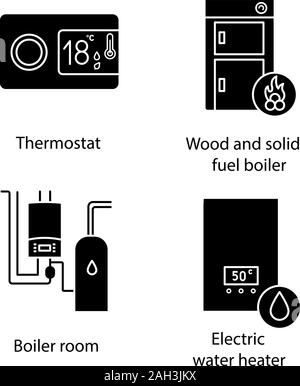 Glyphe de chauffage icons set. Thermostat numérique, chaudières, des chaudières, chauffe-eau électrique. Symboles de Silhouette. Vector illustration isolé Illustration de Vecteur