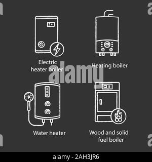 Chalk chauffage icons set. Chauffe eau électrique, gaz et électrique chauffe-eau, chaudières. Illustrations vectorielles chalkboard Illustration de Vecteur