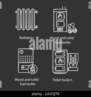 Chalk chauffage icons set. Bois de chauffage, radiateur et chaudière à granulé, chaudière à combustible solide. Illustrations vectorielles chalkboard Illustration de Vecteur