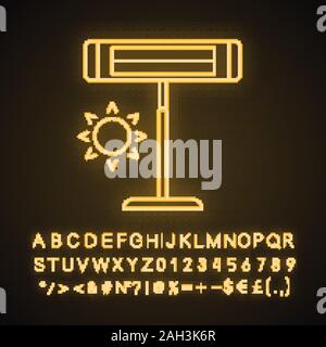 Chauffage infrarouge lumière néon icône. D'un radiateur électrique. De l'électroménager. Lampe de chauffage infrarouge. Signe rougeoyant avec alphabet, chiffres et symboles. Vect Illustration de Vecteur