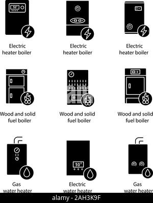 Glyphe de chauffage icons set. Le gaz naturel, l'électricité, les combustibles solides, chaudières et chauffe-eau. Commercial, industriel et domestique les systèmes de chauffage central. Silhouette Illustration de Vecteur