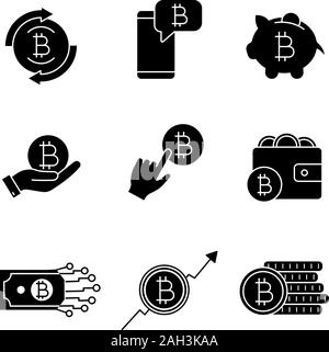 Glyphe cryptocurrency Bitcoin icons set. Échange Bitcoin, chat cryptocurrency, tirelire, payer par clic, porte-monnaie, l'argent numérique, la croissance du marché, les pièces de monnaie Illustration de Vecteur