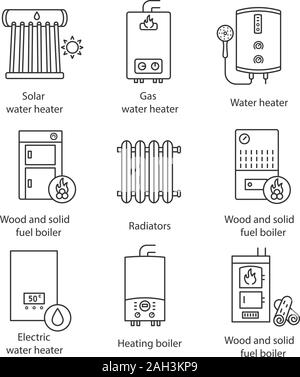 Chauffage icons set linéaire. Chaudières, radiateurs, chauffe-eau. Le gaz naturel, l'électricité, les combustibles solides, pellet, chaudières solaires. Illustrations vectorielles contours. Illustration de Vecteur