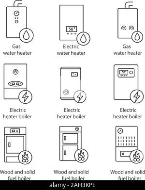 Chauffage icons set linéaire. Fine ligne contour des symboles. Le gaz naturel, l'électricité, les combustibles solides, chaudières et chauffe-eau. Commercial, industriel et domestique centre Illustration de Vecteur