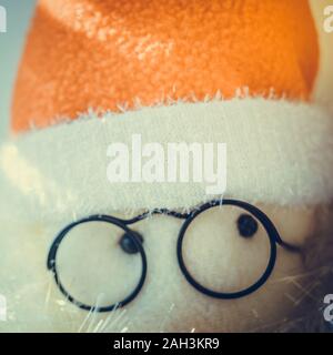 Soft toy résumé Santa Claus dans red hat, yeux gros plan en noir lunettes rondes. Banque D'Images
