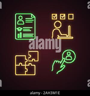La gestion d'affaires neon light icons set. Reprendre, formation en ligne, la recherche de solution, l'embauche du personnel. Les panneaux lumineux. Vector isolated illustratio Illustration de Vecteur