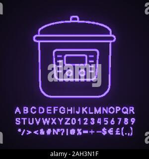 Cuiseur multi neon light icône. Slow Cooker. Mijoteuse. Multicooker sous pression. Appareil de cuisine. Signe rougeoyant avec alphabet, chiffres et symboles. Vector Illustration de Vecteur