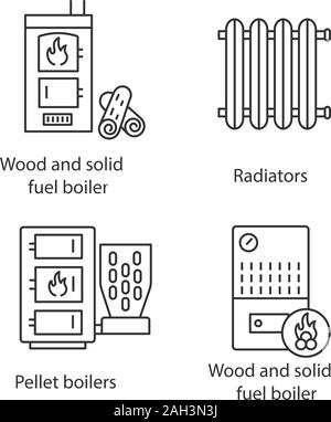 Chauffage icons set linéaire. Bois de chauffage, radiateur et chaudière à granulé, chaudière à combustible solide. Fine ligne contour des symboles. Illustrations vectorielles contours. E Illustration de Vecteur