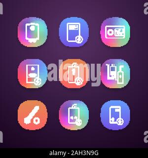 Chauffage app icons set. Chaudières, appareils de chauffage, thermostat, chaufferie. Gaz et chauffe-eau électrique. Commercial, industriel et domestique chauffage centrale s Illustration de Vecteur