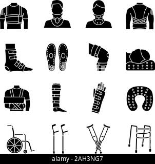 Traitement des traumatismes glyphe icons set. Équipements orthopédiques. Attelles et bandages, des béquilles. Des blessures, des jambes cassées et des bras de récupération. Aide à la mobilité. Silhouet Illustration de Vecteur