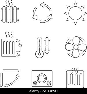 Climatisation icons set linéaire. Radiateurs, ventilation, soleil, climatisation réglable, ventilateur d'échappement, revitalisant louvre, thermostat, thermomètre. Ve isolés Illustration de Vecteur