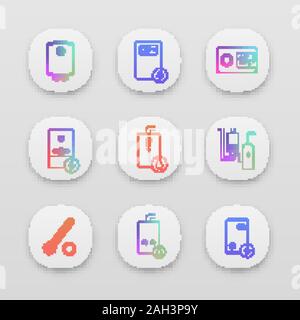 Chauffage app icons set. UI/UX interface. Chaudières, appareils de chauffage, thermostat, chaufferie. Gaz et chauffe-eau électrique. Commercial, industriel, domestique cen Illustration de Vecteur