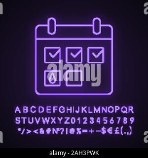 Calendrier menstruel neon light icône. Suivi de la période. La grossesse, l'ovulation calculator et calendrier. Signe rougeoyant avec alphabet, chiffres et symboles. Vec Illustration de Vecteur